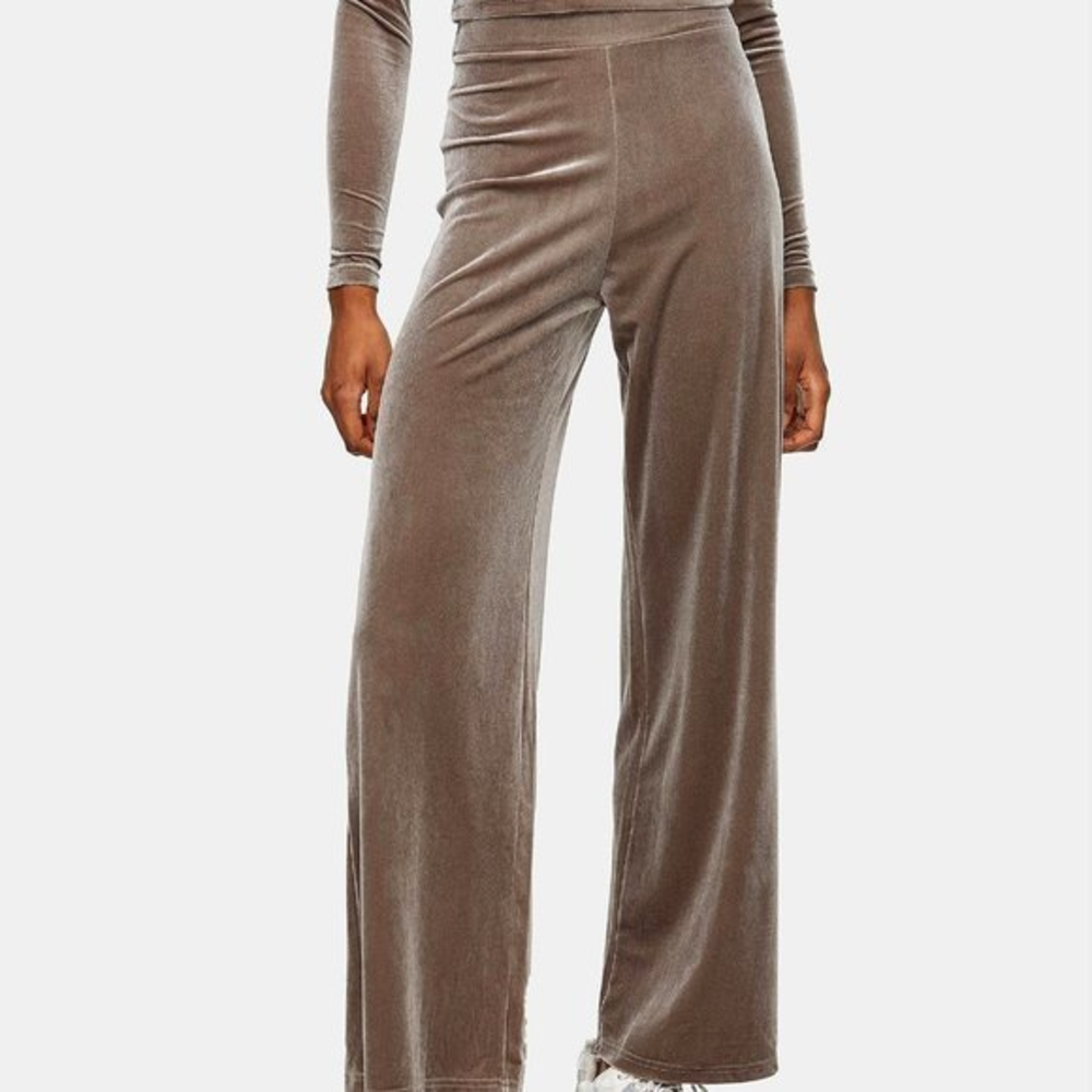 Topshop US 4 6 UK Small S Taupe Velour Velvet Wide Leg High Rise Pull On Pants